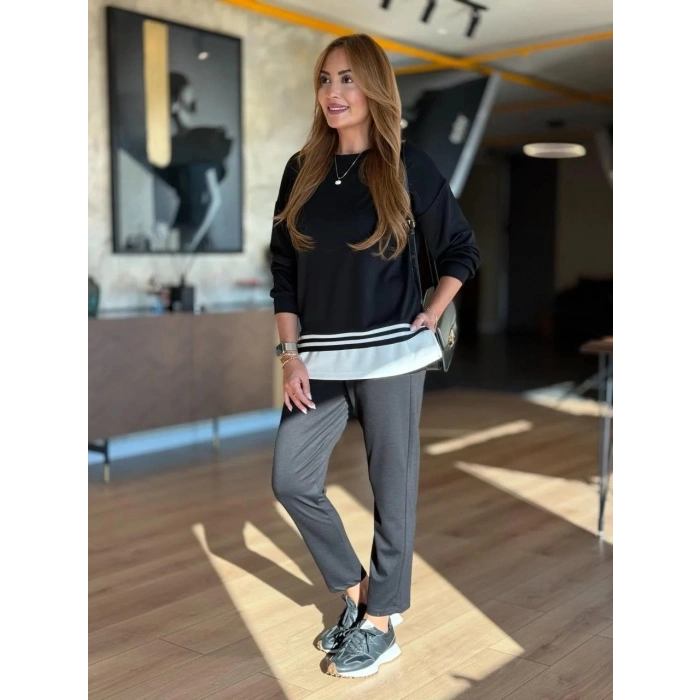 Kadın Uzun Kollu Bisiklet Yaka Ribana Detay Sweat Ve Pantolon Ikili Takım