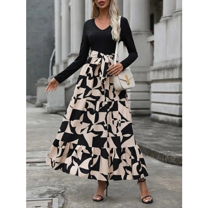 Kadın Uzun Kollu Bisiklet Yaka Uzun Elbise