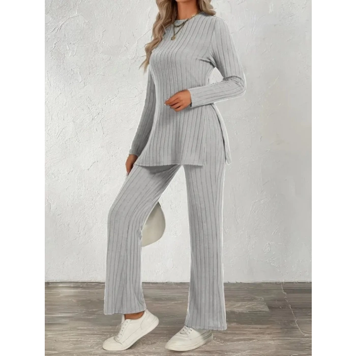 Kadın Uzun Kollu Bisiklet Yaka Yandan Yırtmaçlı şardonlu Kaşkorse Bluz Ve Pantolon Ikili Takım