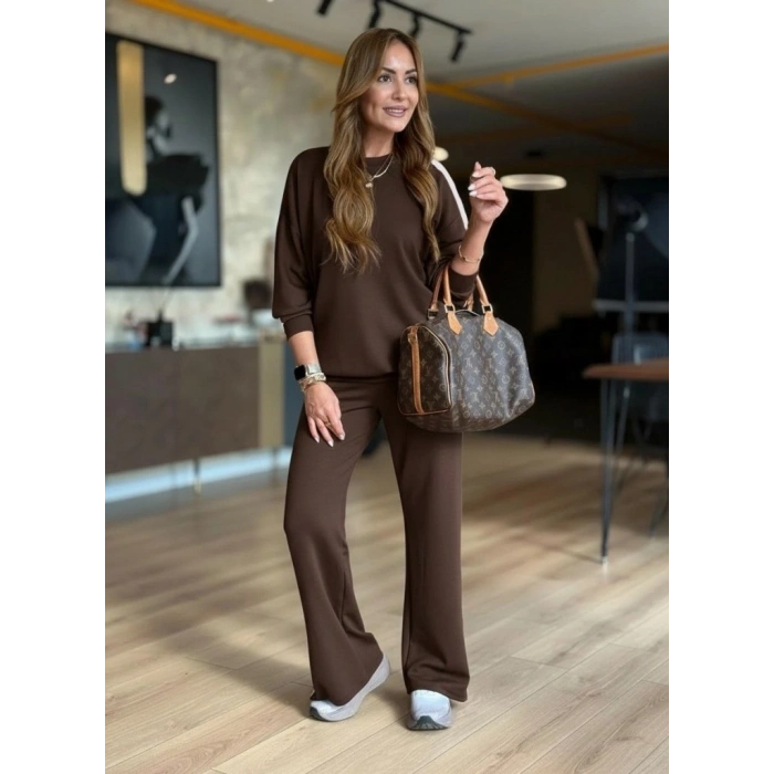 Kadın Uzun Kollu Bisiklet Yakalı Düğmeli Viskon Iki Iplik Bluz Ve Pantolon Ikili Takım