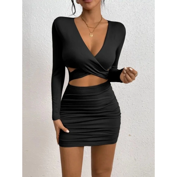 Kadın Uzun Kollu çapraz Dekolte Detaylı Mini Sandy Elbise