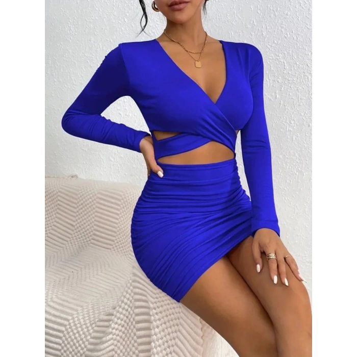 Kadın Uzun Kollu çapraz Dekolte Detaylı Mini Sandy Elbise
