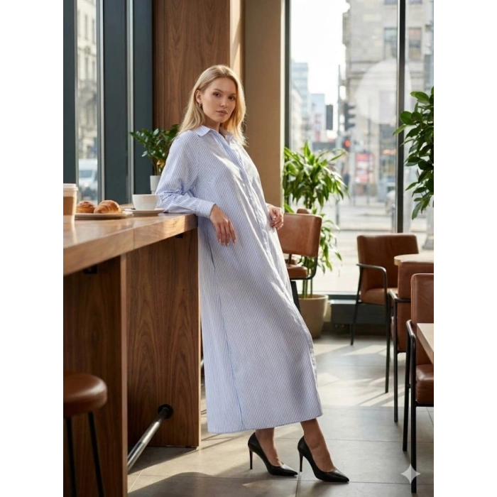 Kadın Uzun Kollu çizgi Detay Maxi Boy Gömlek Elbise