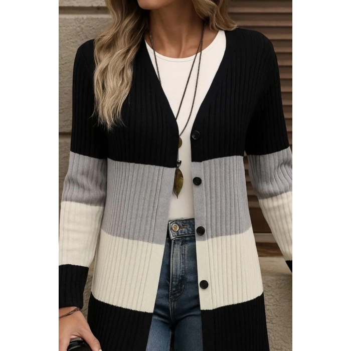 Kadın Uzun Kollu çok Renkli önden Düğmeli Uzun Ceket