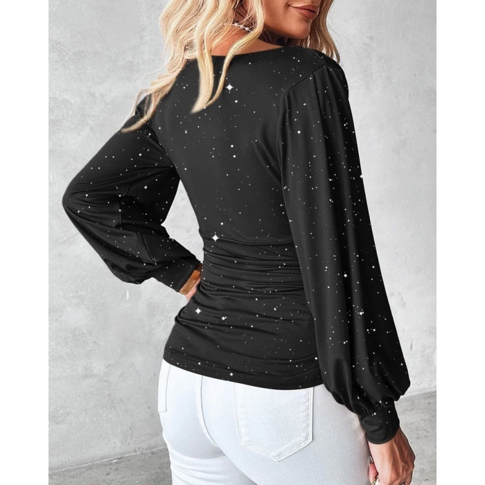 Kadın Uzun Kollu Degaje Yaka Taşlı Sandy Bluz