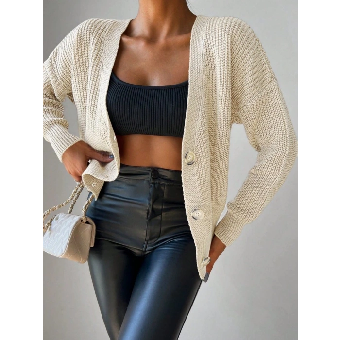 Kadın Uzun Kollu Düğme Detay Triko Bluz