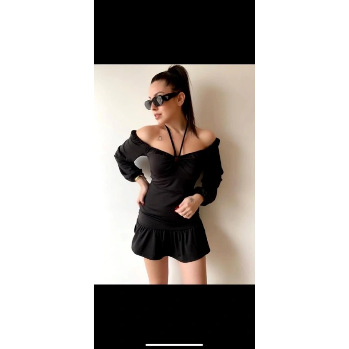 Kadın Uzun Kollu Halter Yaka Detay Mini Elbise