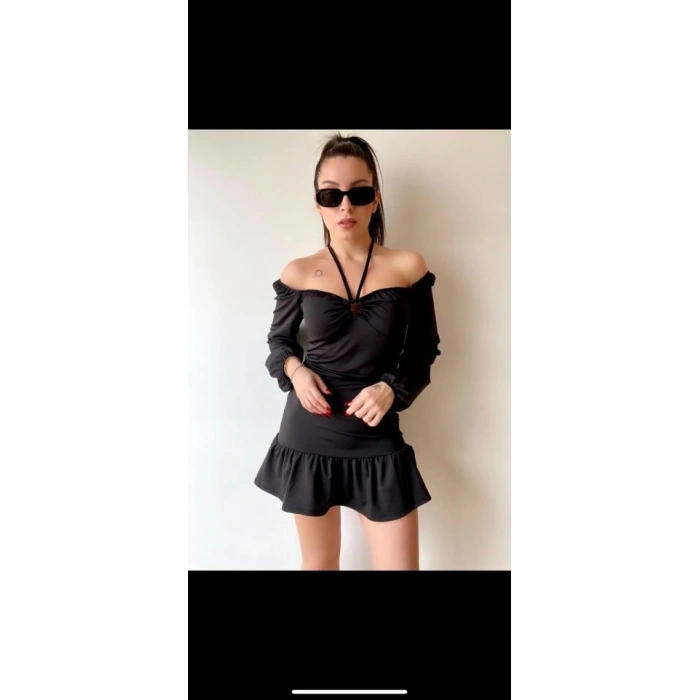 Kadın Uzun Kollu Halter Yaka Detay Mini Elbise