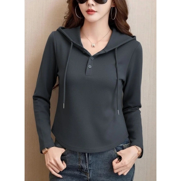 Kadın Uzun Kollu Kapşonlu Bağcıklı Düğmeli Viskon Iki Iplik Füme Bluz