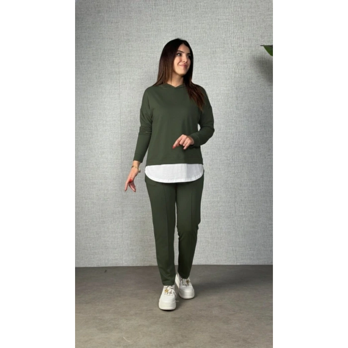 Kadın Uzun Kollu Kapşonlu Bağcıklı Viskon Iki Iplik Bluz Ve Pantolon Ikili Takım