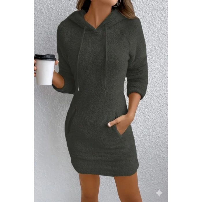 Kadın Uzun Kollu Kapşonlu Cepli Mini Peluş Elbise