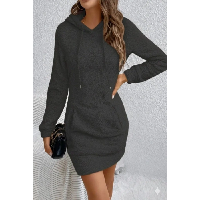 Kadın Uzun Kollu Kapşonlu Cepli Mini Peluş Elbise