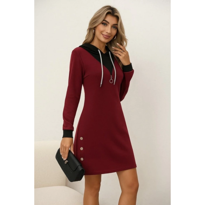 Kadın Uzun Kollu Kapşonlu önden Fermuarlı Düğmeli Mini Iki Iplik Elbise