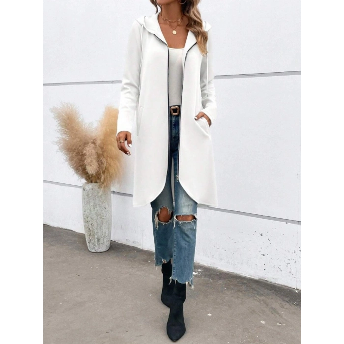 Kadın Uzun Kollu Kapşonlu önden Fermuarlı Midi Dalgıç Ceket