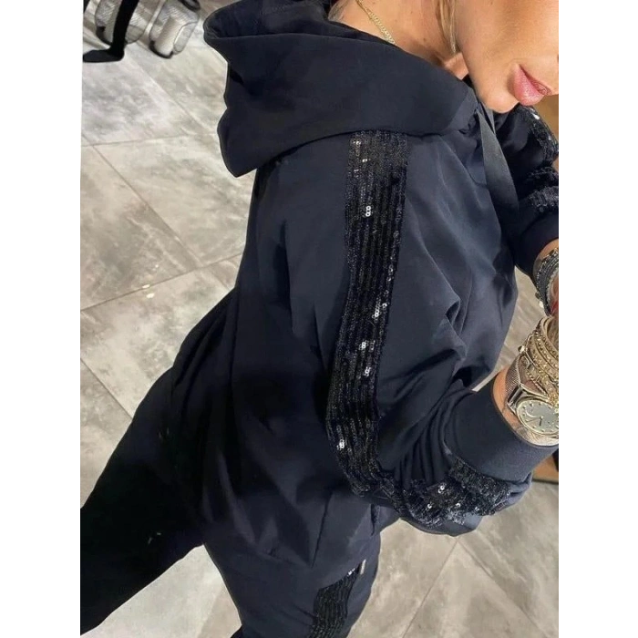 Kadın Uzun Kollu Kapşonlu Pulpayet Detay Viskon Iki Iplik Bluz Ve Pantolon Ikili Takım