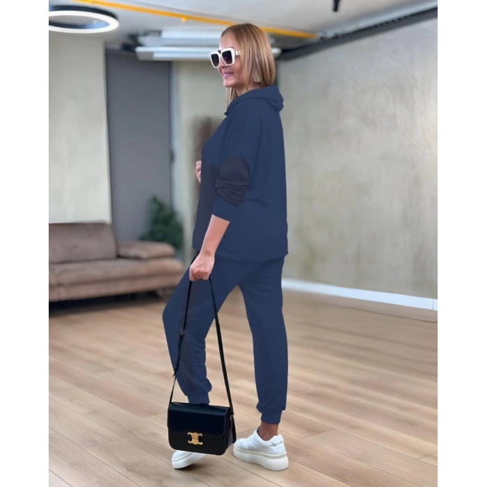 Kadın Uzun Kollu Kapşonlu Viskon Iki Iplik Bluz Ve Pantolon Ikili Takım