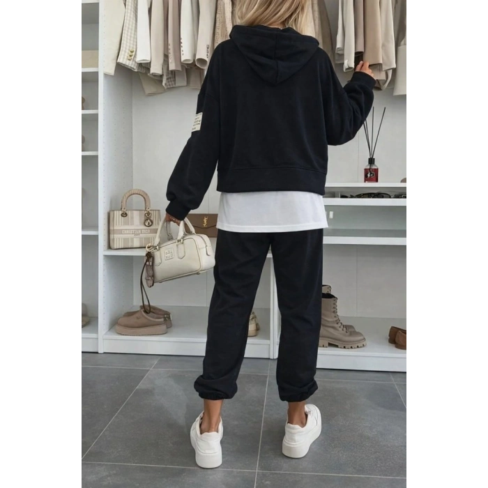 Kadın Uzun Kollu Kapşonlu Viskon Iki Iplik Bluz Ve Pantolon Ikili Takım