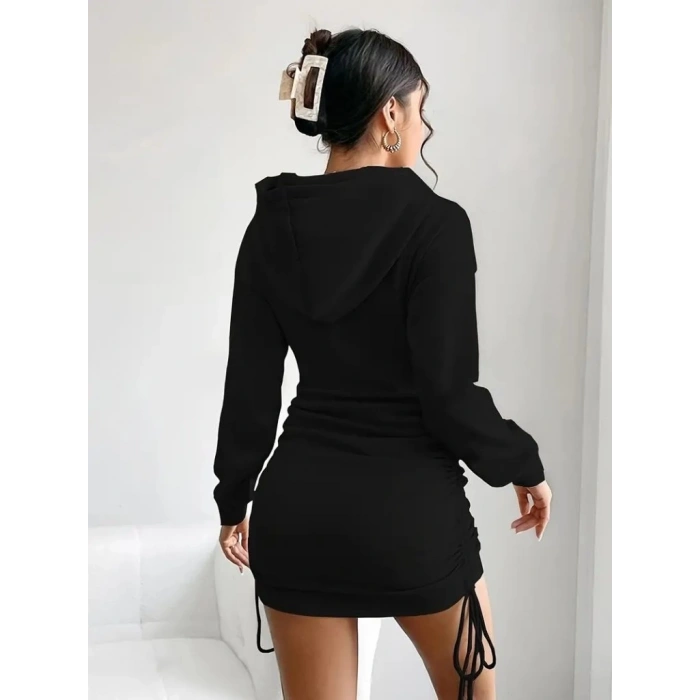 Kadın Uzun Kollu Kapşonlu Yandan Büzgülü Mini Viskon Iki Iplik Elbise
