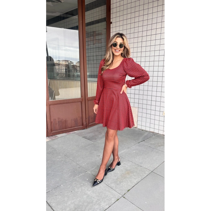 Kadın Uzun Kollu Kare Kalp Yakalı Mini Modal Elbise