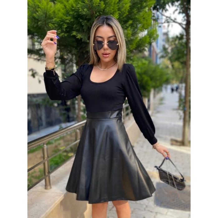 Kadın Uzun Kollu Kare Yaka üst Viskon Alt Deri Mini Elbise