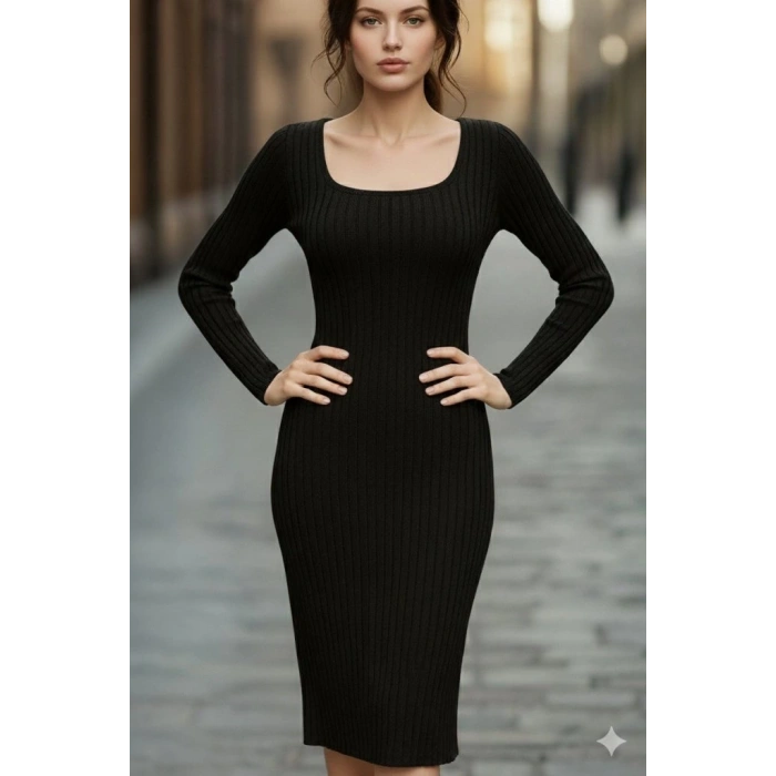 Kadın Uzun Kollu Kare Yakalı Midi şardonlu Kaşkorse Elbise