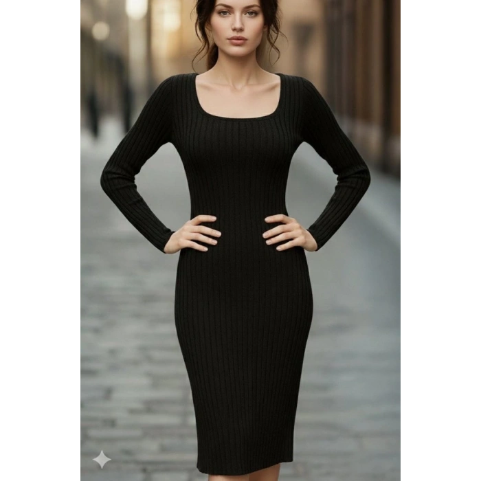 Kadın Uzun Kollu Kare Yakalı Midi şardonlu Kaşkorse Elbise