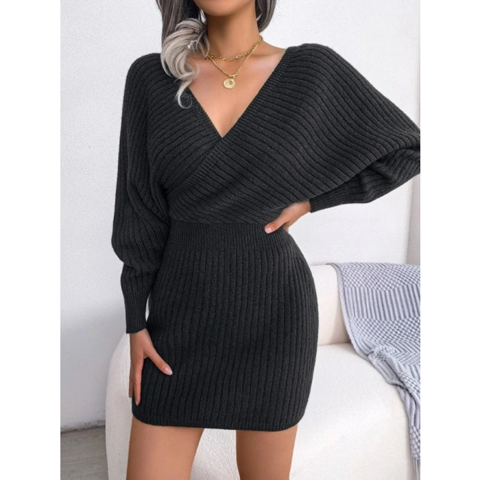 Kadın Uzun Kollu Kruvaze Geniş Yakalı Mini Triko Elbise