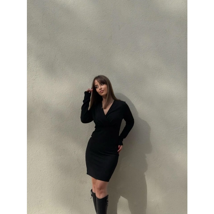 Kadın Uzun Kollu Kruvaze Yaka Krep Mini Boy Elbise