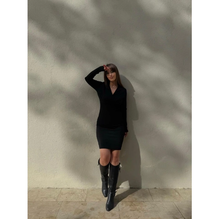 Kadın Uzun Kollu Kruvaze Yaka Krep Mini Boy Elbise