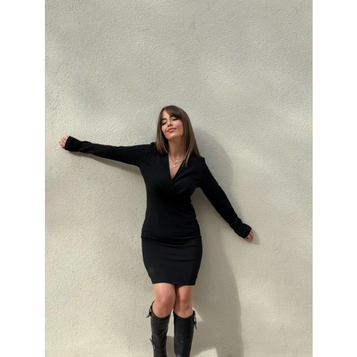 Kadın Uzun Kollu Kruvaze Yaka Krep Mini Boy Elbise