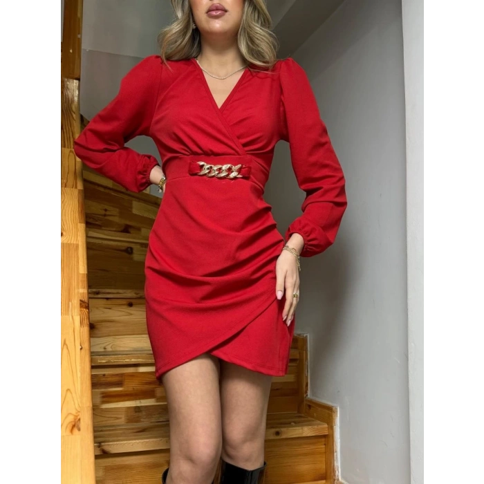 Kadın Uzun Kollu Kruvaze Yaka önden Asimetrik Detay Kısa Krep Elbise