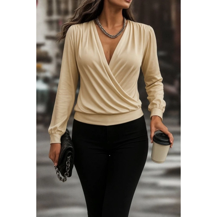 Kadın Uzun Kollu Kruvaze Yaka Sandy Bluz