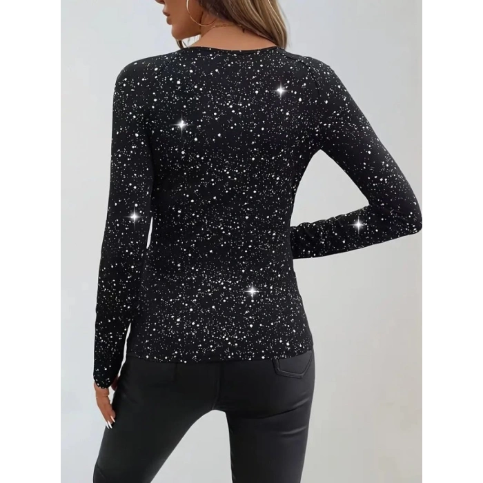 Kadın Uzun Kollu Kruvaze Yakalı Aksesuarlı Dalgıç Bluz