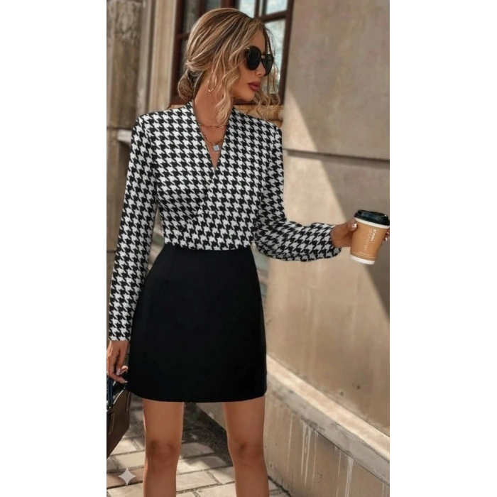 Kadın Uzun Kollu Kruvaze Yakalı üst Dalgıç Alt Ithal Krep Mini Elbise