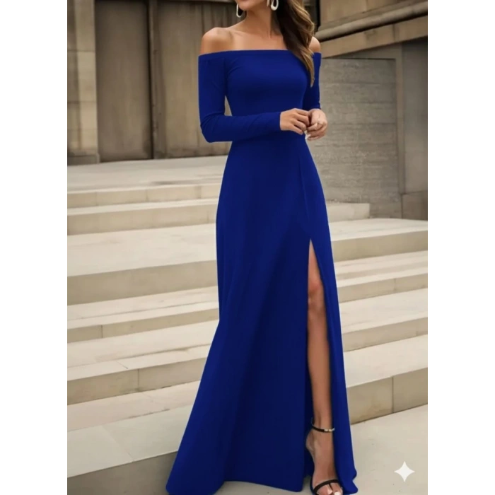 Kadın Uzun Kollu Madonna Yakalı Yırtmaç Detaylı Uzun Ithal Krep Elbise