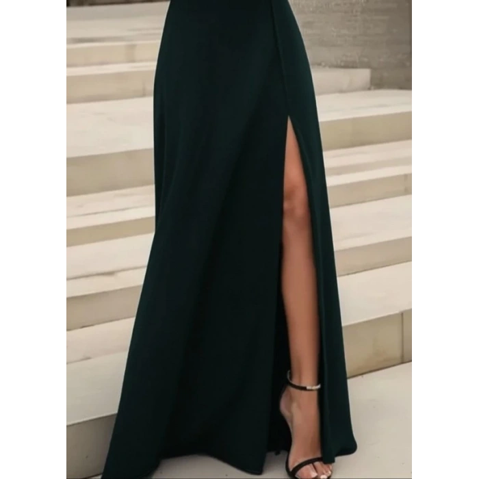 Kadın Uzun Kollu Madonna Yakalı Yırtmaç Detaylı Uzun Ithal Krep Elbise