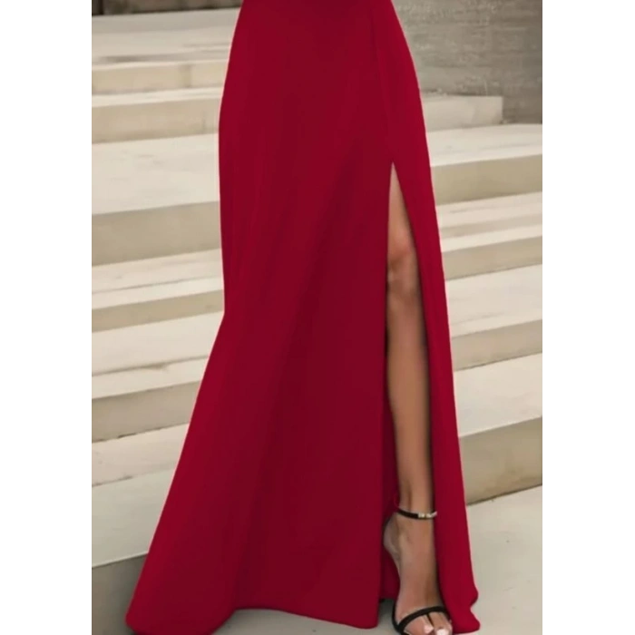 Kadın Uzun Kollu Madonna Yakalı Yırtmaç Detaylı Uzun Ithal Krep Elbise