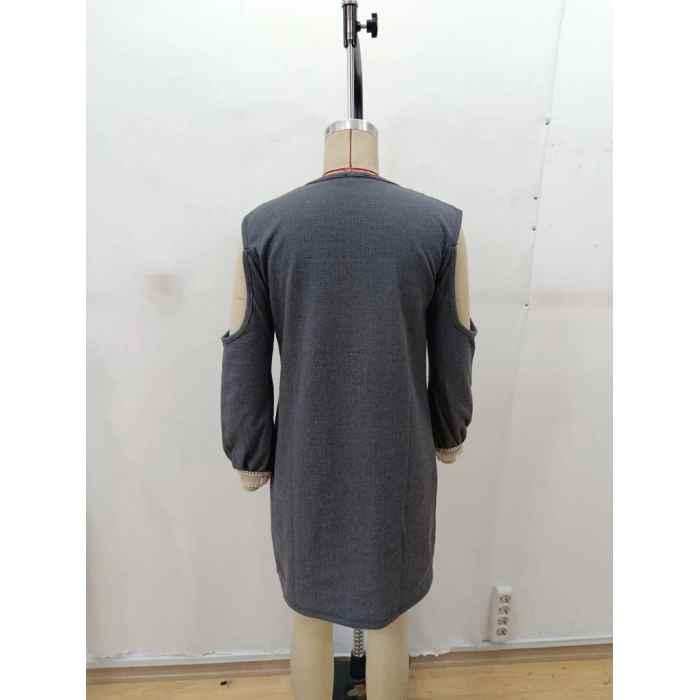 Kadın Uzun Kollu Omuzdan Açık V Dantel Yakalı Mini Waffle Elbise