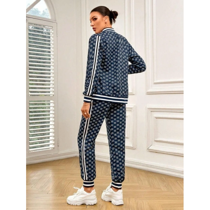 Kadın Uzun Kollu önden Fermuarlı Desenli Iki Iplik Bluz Ve Pantolon Ikili Takım