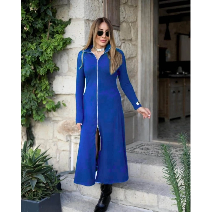 Kadın Uzun Kollu önden Fermuarlı Ithal Krep Elbise