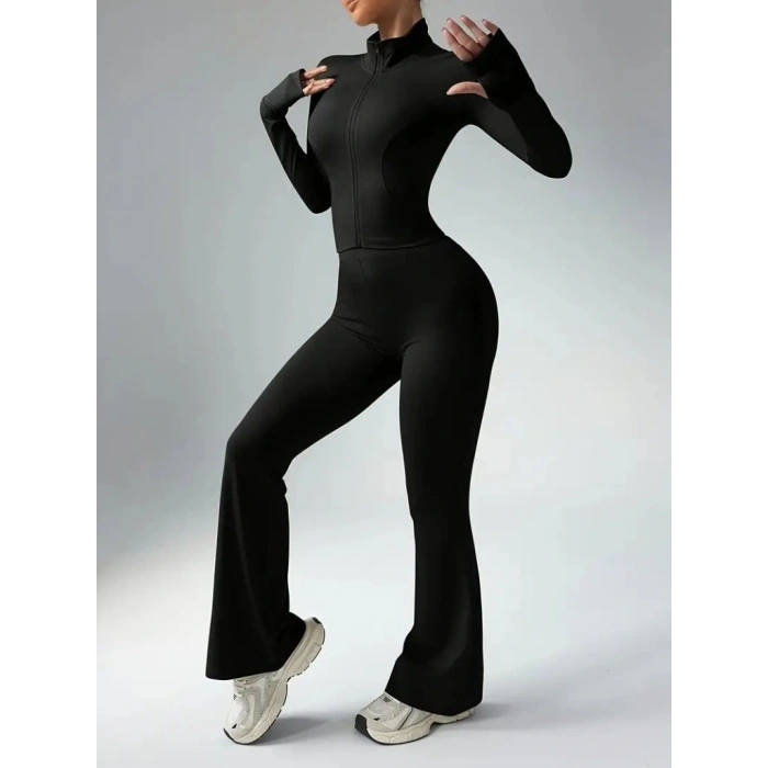 Kadın Uzun Kollu önden Fermuarlı Kısa Dalgıç Bluz Ve Pantolon Ikili Takım