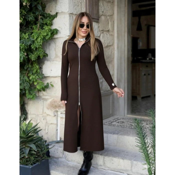 Kadın Uzun Kollu önden Fermuarlı Maxi Viskon Iki Iplik Elbise