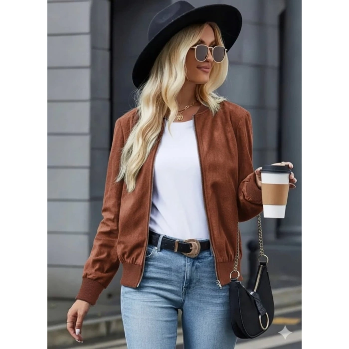 Kadın Uzun Kollu önden Fermuarlı Süet Ceket