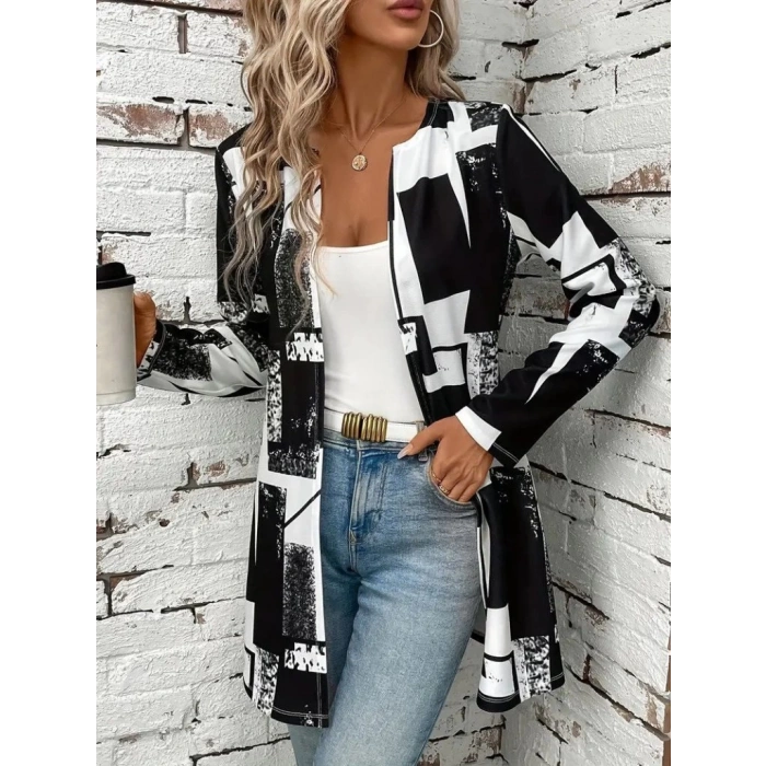 Kadın Uzun Kollu önü Açık Desenli Modal Kısa Ceket