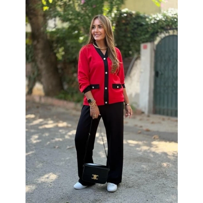 Kadın Uzun Kollu Ribanali Cep Detay Hırka Ve Bol Paça Pantolon Ikili Takım