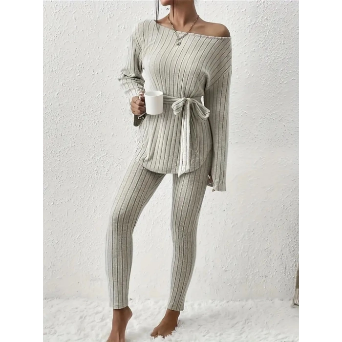 Kadın Uzun Kollu Tek Omuzu Açık Belden Kuşaklı şardonlu Kaşkorse Bluz Ve Tayt Pantolon