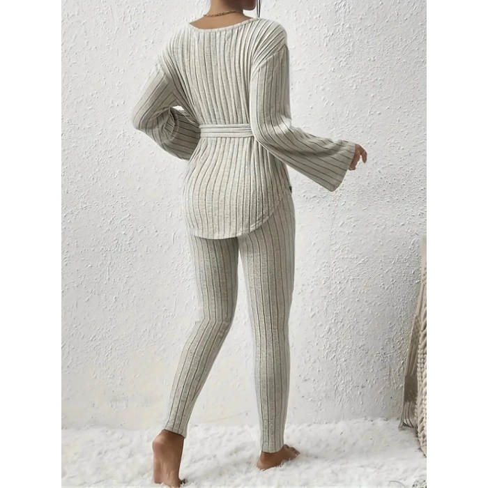 Kadın Uzun Kollu Tek Omuzu Açık Belden Kuşaklı şardonlu Kaşkorse Bluz Ve Tayt Pantolon