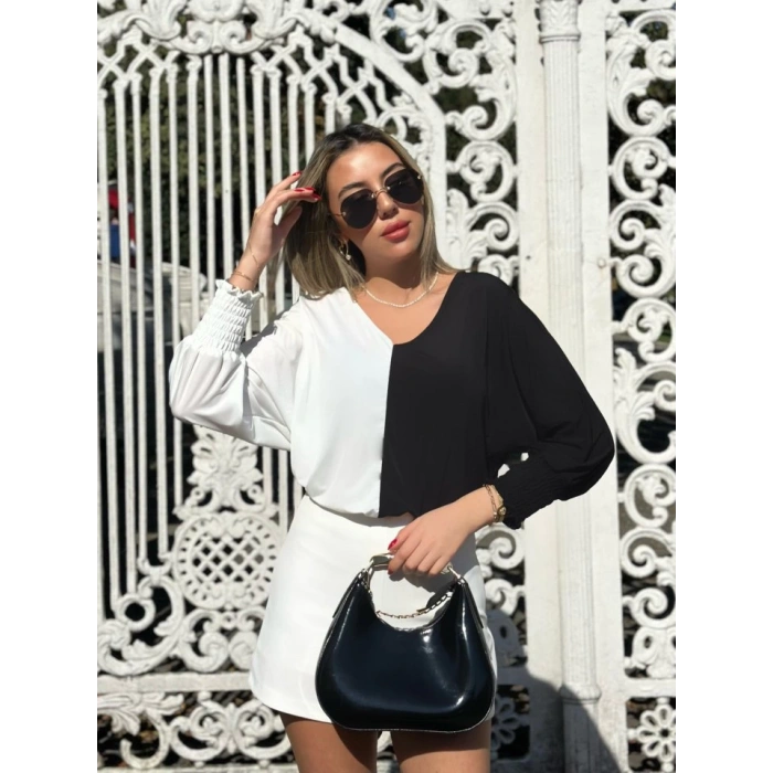 Kadın Uzun Kollu V Yaka Kol Ağzı Gipeli Sandy Bluz