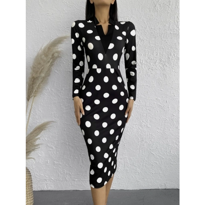 Kadın Uzun Kollu V Yaka Puantiyeli Krep Midi Boy Elbise