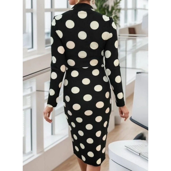 Kadın Uzun Kollu V Yaka Puantiyeli Krep Midi Boy Elbise